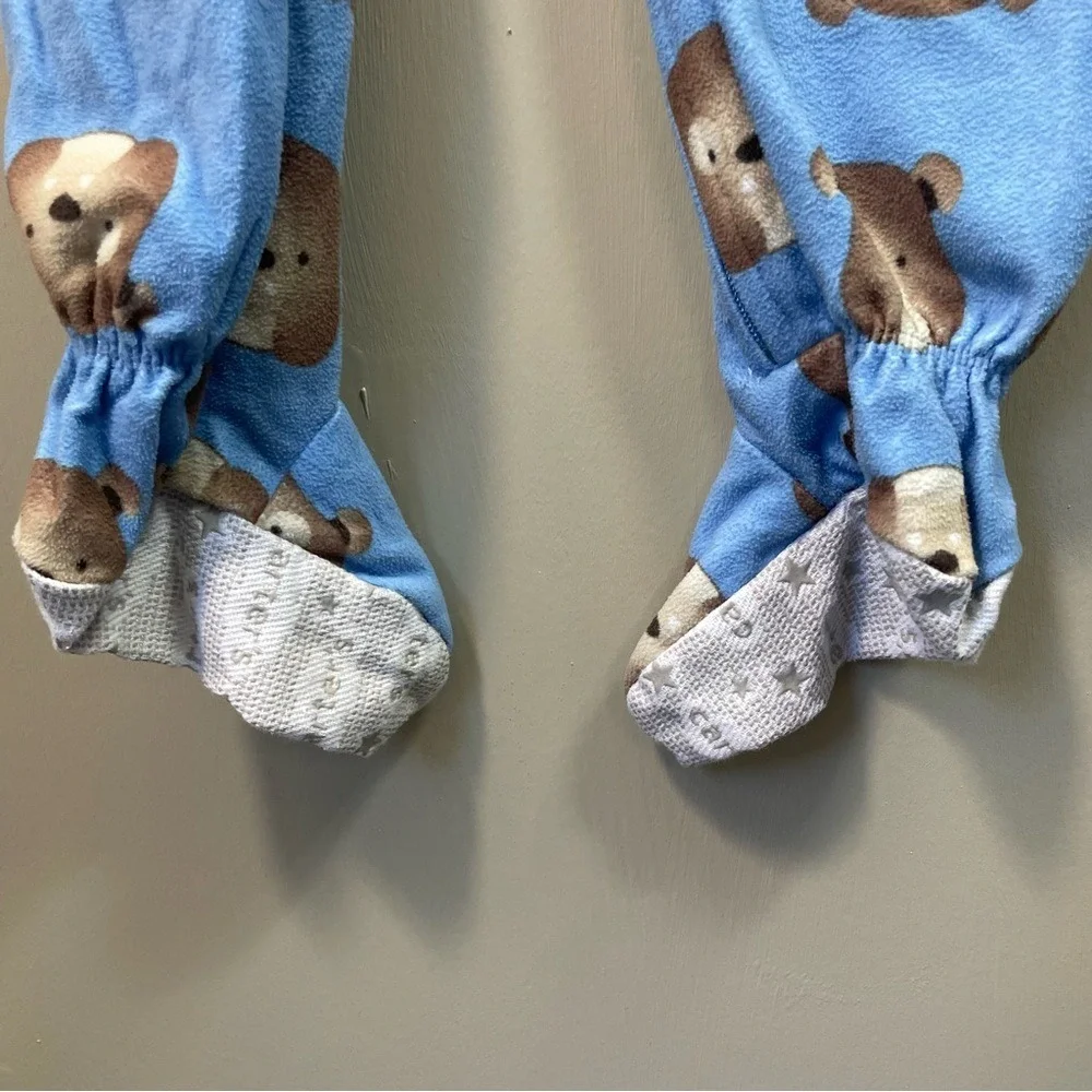 Footed Pajamas Blue Brown Bear Print Zip Up One Piece‎ Sleepwear